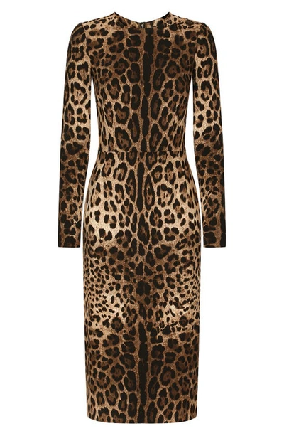 Dolce & Gabbana Leopard Print Long Sleeve Cady Midi Dress In Light Brown