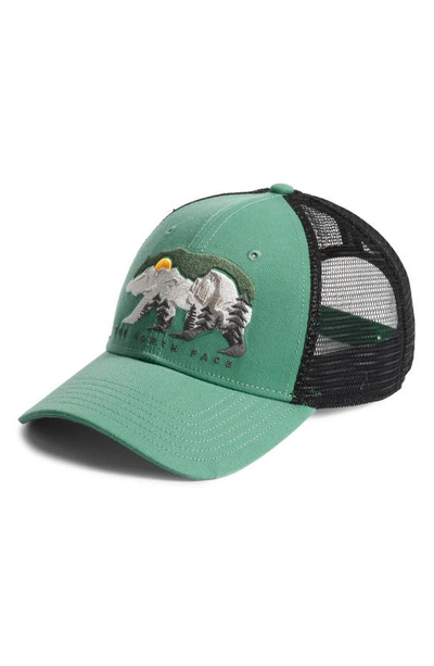Shop The North Face Embroidered Logo Mudder Recycled Trucker Hat In Deep Grass Green