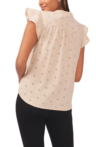 Chaus Floral Eyelet Flutter Sleeve Cotton Poplin Blouse In Tan