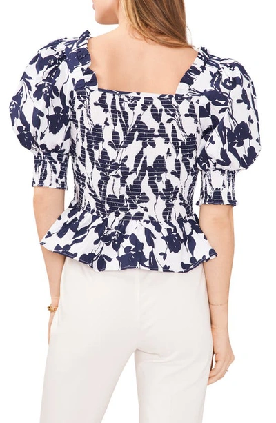 Shop Chaus Floral Smocked Puff Sleeve Cotton Top In White/ Navy