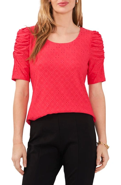 Shop Chaus Eyelet Ruched Sleeve Knit Top In Geranium