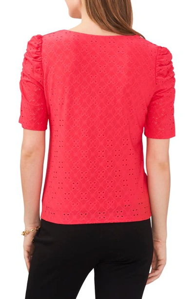 Chaus Eyelet Ruched Sleeve Knit Top In Geranium