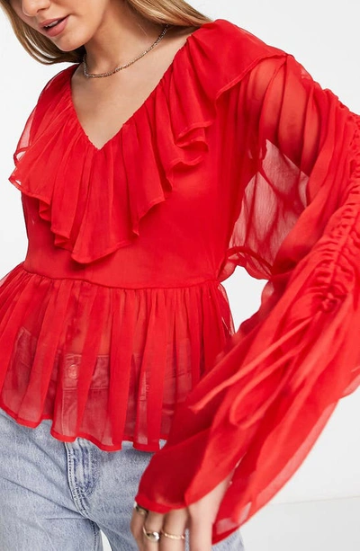 Shop Asos Design Ruffle Peplum Blouse In Red