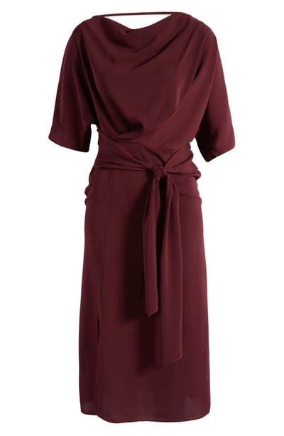 Shop Asos Design Cowl Neck Tie Waist Dress In Burgundy
