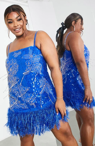 Shop Asos Design Edition Curve Sequin Beaded Faux Feather Trim Cocktail Dress In Medium Blue