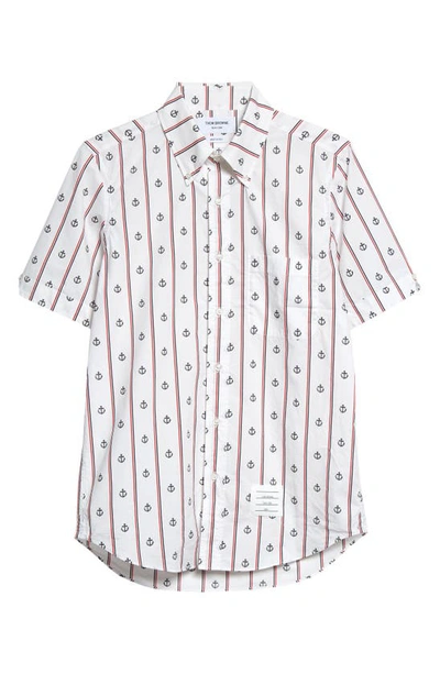 Shop Thom Browne Anchor Stripe Short Sleeve Button-down Shirt In Red White Blue