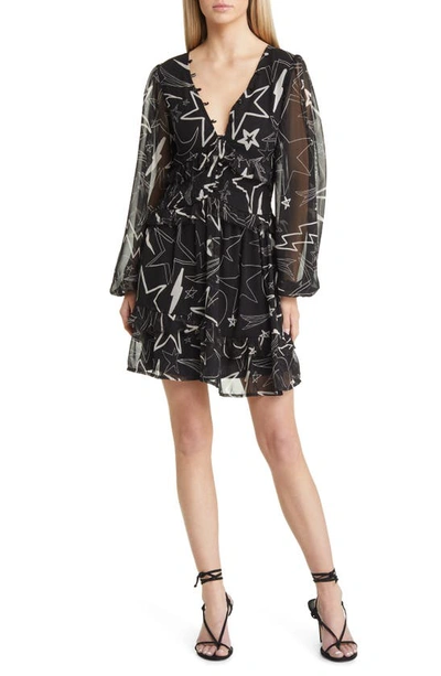 Asos Design Print Ruffle Long Sleeve Minidress In Black
