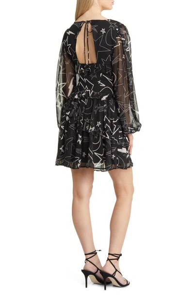 Asos Design Print Ruffle Long Sleeve Minidress In Black