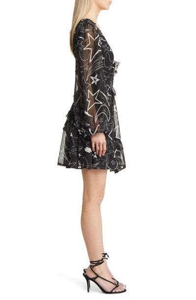 Asos Design Print Ruffle Long Sleeve Minidress In Black