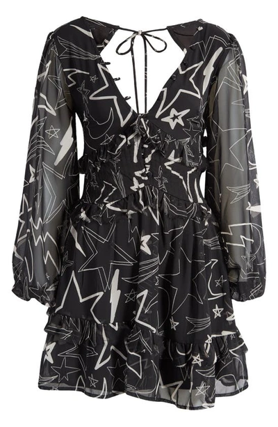 Asos Design Print Ruffle Long Sleeve Minidress In Black