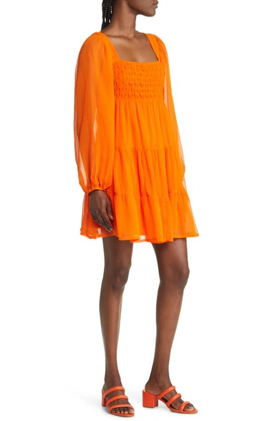 Asos Design Smocked Long Sleeve Minidress In Orange