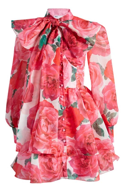 Asos Design Luxe Floral Long Sleeve Shift Dress In Red