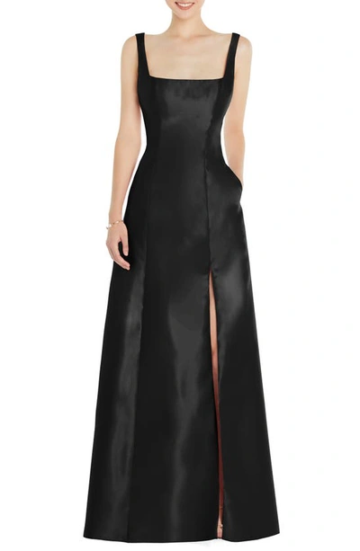 Shop Alfred Sung Square Neck Satin A-line Gown In Black