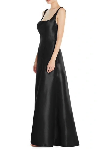 Shop Alfred Sung Square Neck Satin A-line Gown In Black