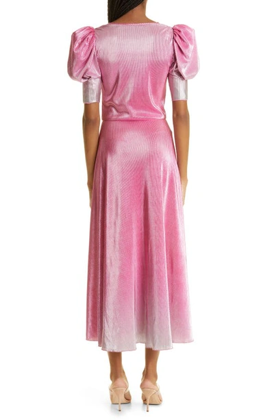 Shop Rotate Birger Christensen Gradient Plissé Puff Sleeve Dress In Silvery Pink Glo