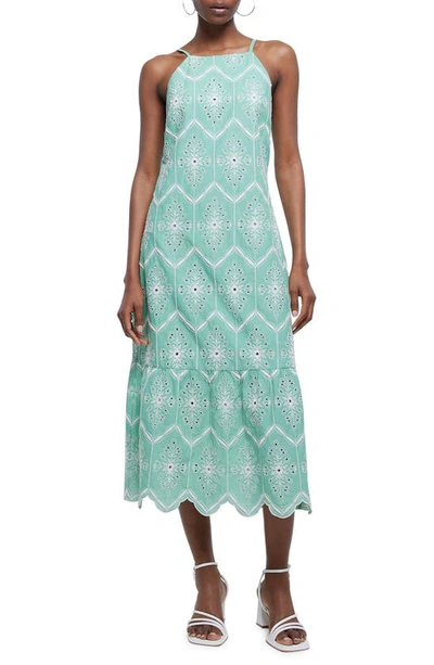 Shop River Island Broderie Anglaise Sleeveless Midi Dress In Green