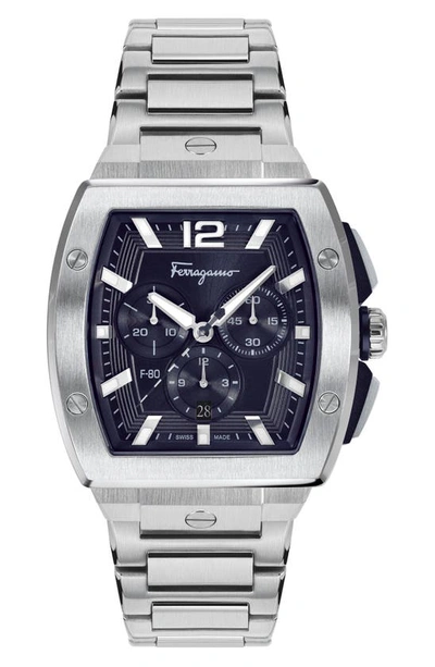 Ferragamo F-80 Tonneau Chrono Watch In Stainless Steel