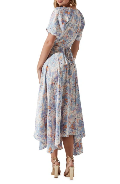 Shop Astr Floral Puff Sleeve Wrap Dress In Blue Multi Floral