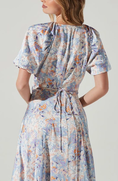 Shop Astr Floral Puff Sleeve Wrap Dress In Blue Multi Floral