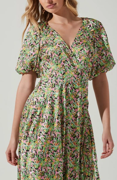 Shop Astr Floral Puff Sleeve Wrap Dress In Pink Green Multi