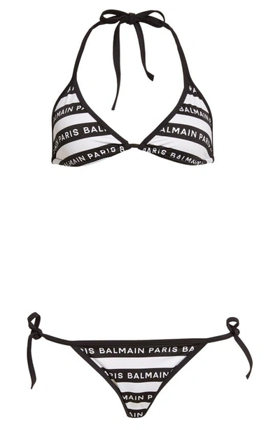 Shop Balmain Stripe Logo Two-piece Triangle Swimsuit In Black/ White