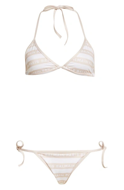 Shop Balmain Stripe Logo Two-piece Triangle Swimsuit In White/ Beige