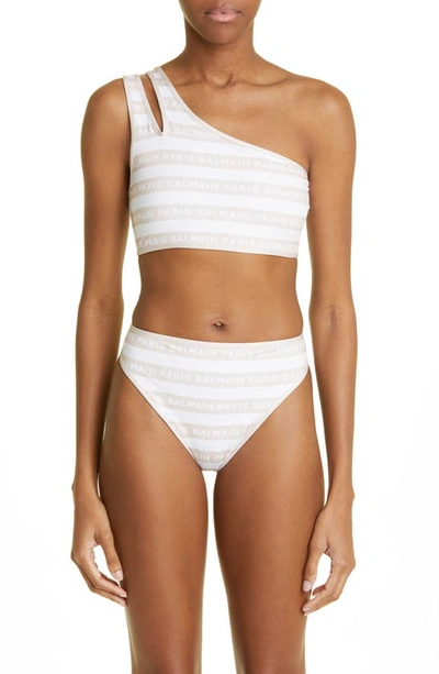 Shop Balmain Logo Stripe One-shoulder Two-piece Swimsuit In White/ Nude