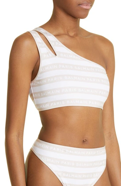 Shop Balmain Logo Stripe One-shoulder Two-piece Swimsuit In White/ Nude