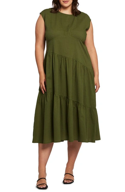 Shop Estelle Costa Del Sol Asymmetric Tiered Cotton Dress In Olive