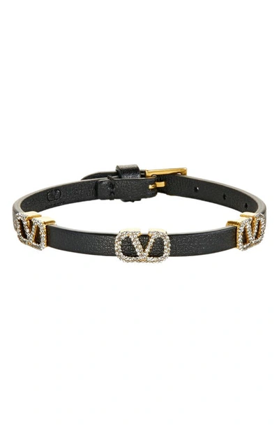 Shop Valentino Signature Vlogo Leather Bracelet In 249 Nero/ Black Diamond