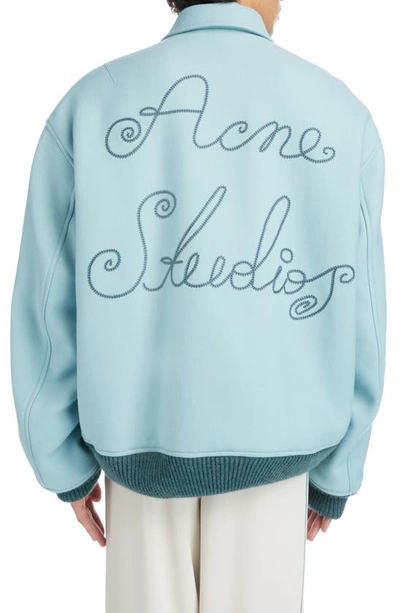 Shop Acne Studios Logo Wool Bomber Jacket In Pale Blue