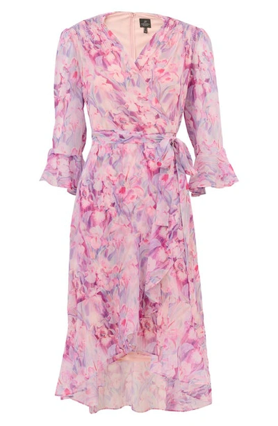 Shop Adrianna Papell Print Long Sleeve Chiffon Dress In Pink Multi
