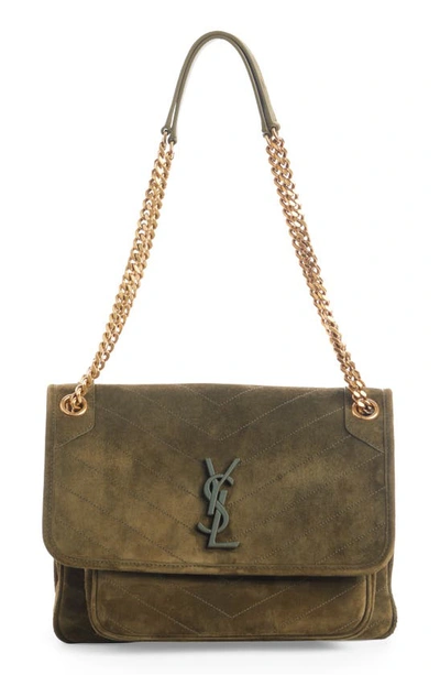 Shop Saint Laurent Medium Niki Suede Shoulder Bag In Loden Green