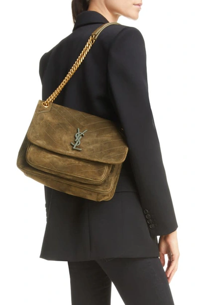 Shop Saint Laurent Medium Niki Suede Shoulder Bag In Loden Green
