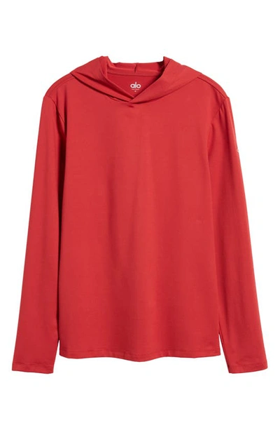 Shop Alo Yoga Conquer Reform Performance Hooded Long Sleeve T-shirt In Victory Red