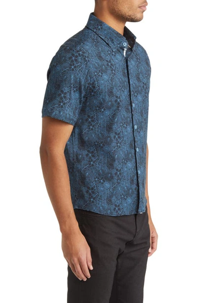 Shop Stone Rose Jungle Print Short Sleeve Button-up Shirt In Navy