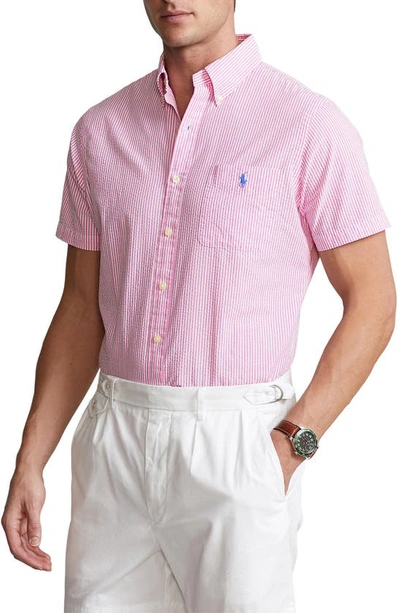 Shop Polo Ralph Lauren Stripe Seersucker Short Sleeve Button-down Shirt In Rose/ White