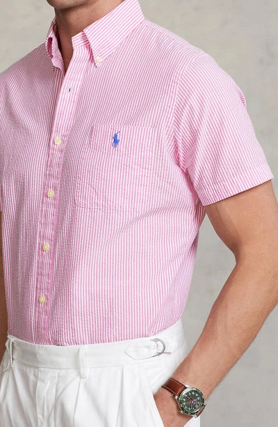 Shop Polo Ralph Lauren Stripe Seersucker Short Sleeve Button-down Shirt In Rose/ White