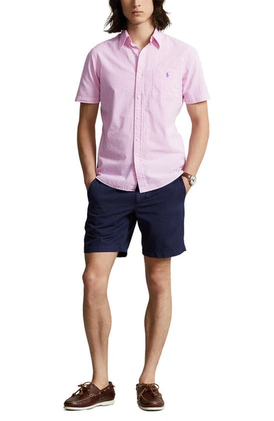Shop Polo Ralph Lauren Stripe Seersucker Short Sleeve Button-down Shirt In Rose/ White