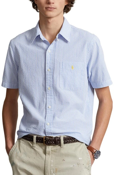 Shop Polo Ralph Lauren Prepster Classic Fit Stripe Short Sleeve Seersucker Button-down Shirt In Blue/ White