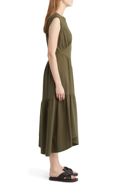 Frame Gathered Seam Organic Cotton A-line Midi Dress In Fatigue