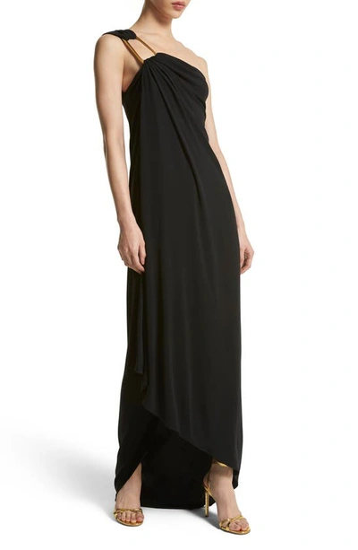 Shop Michael Kors One Shoulder Matte Jersey Toga Gown In 001 Black