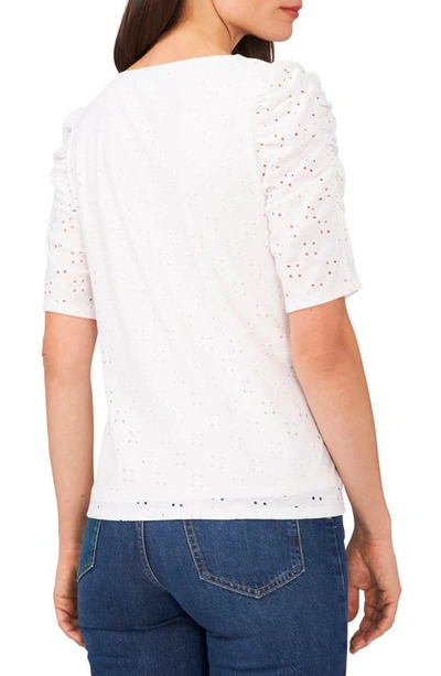 Cece Crewneck Ruched Elbow Sleeve Top In Ultra White