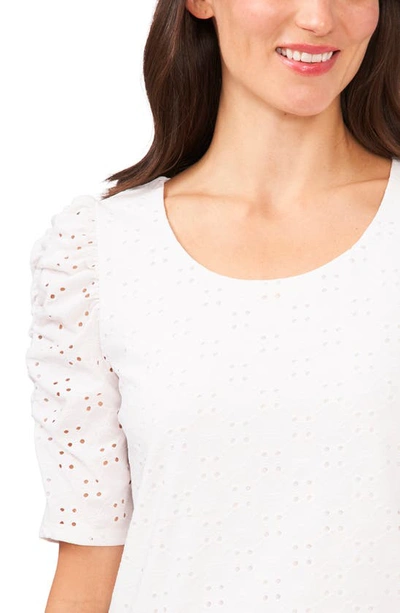 Cece Crewneck Ruched Elbow Sleeve Top In Ultra White