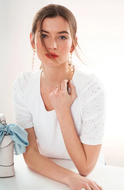 Cece Crewneck Ruched Elbow Sleeve Top In Ultra White