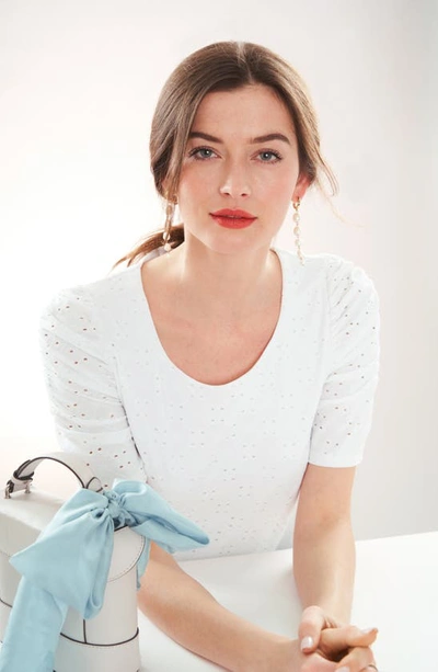 Cece Crewneck Ruched Elbow Sleeve Top In Ultra White