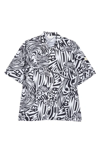 Shop Moncler Wavy Logo Print Short Sleeve Cotton Poplin Button-up Shirt In Black White Wavy Print