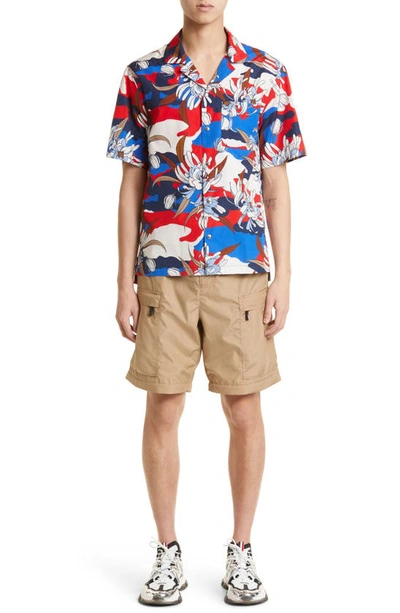 Shop Moncler Floral Camouflage Short Sleeve Cotton Poplin Camp Shirt In Red White Blue Floral