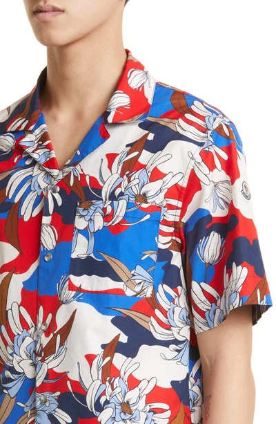 Shop Moncler Floral Camouflage Short Sleeve Cotton Poplin Camp Shirt In Red White Blue Floral