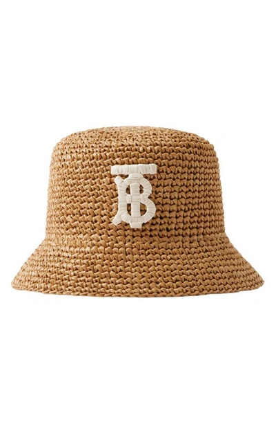 Shop Burberry Tb Logo Crochet Raffia Bucket Hat In Natural / Beige